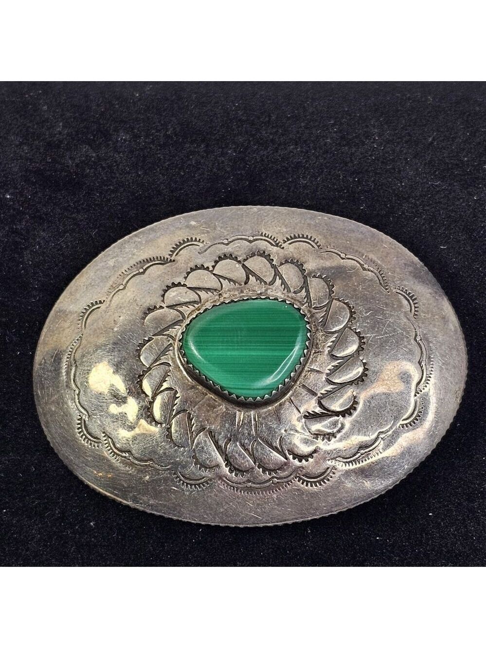 Navajo Malachite Stone Sterling Silver Kerchief Bandana Tie Native American USA